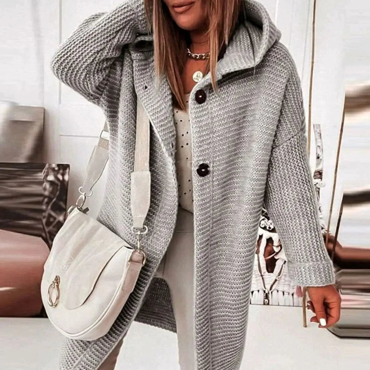 Women's Relaxed Longline Hooded Button-Up Knit Cardigan Jacket