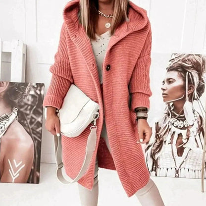 Women's Relaxed Longline Hooded Button-Up Knit Cardigan Jacket