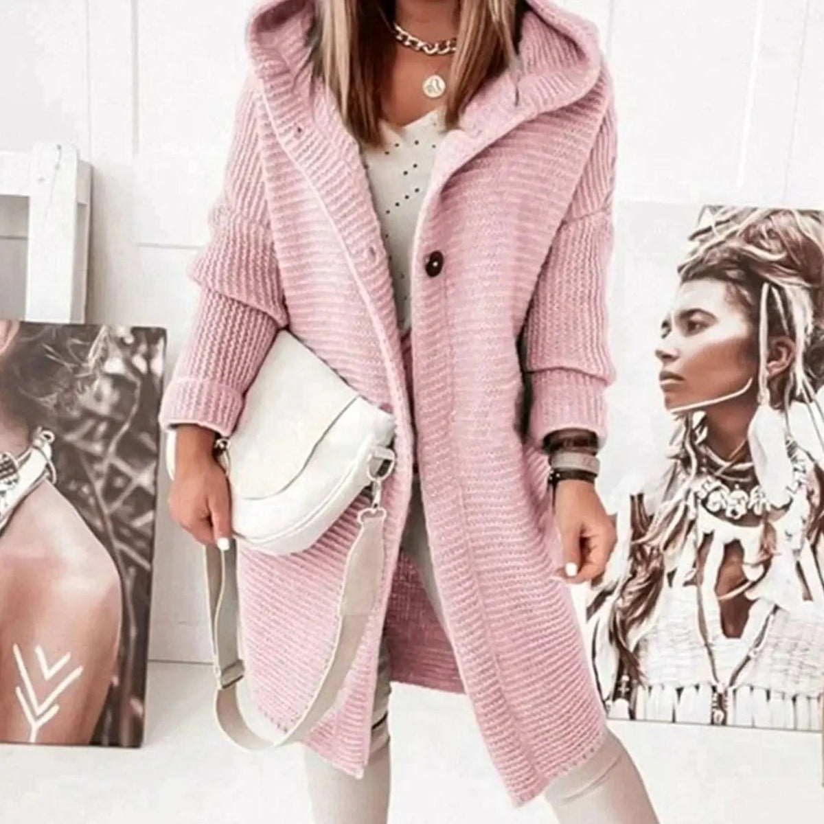 Women's Relaxed Longline Hooded Button-Up Knit Cardigan Jacket