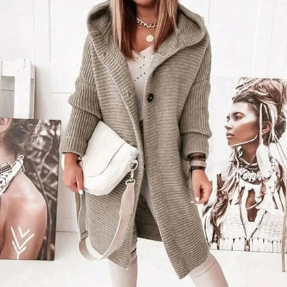 Women's Relaxed Longline Hooded Button-Up Knit Cardigan Jacket