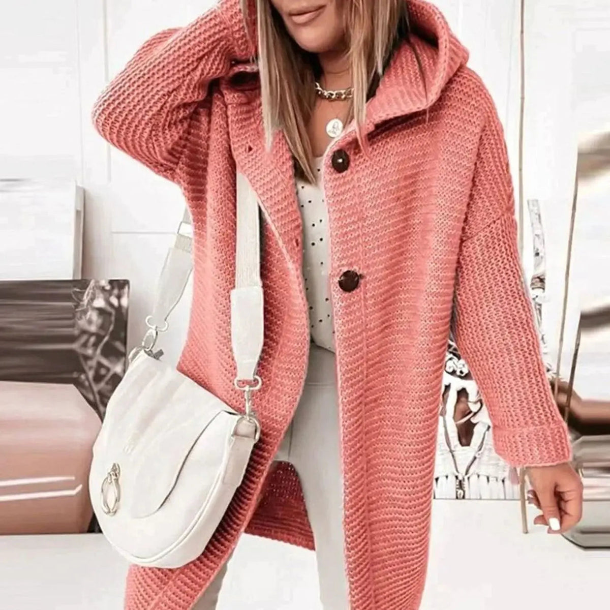 Women's Relaxed Longline Hooded Button-Up Knit Cardigan Jacket