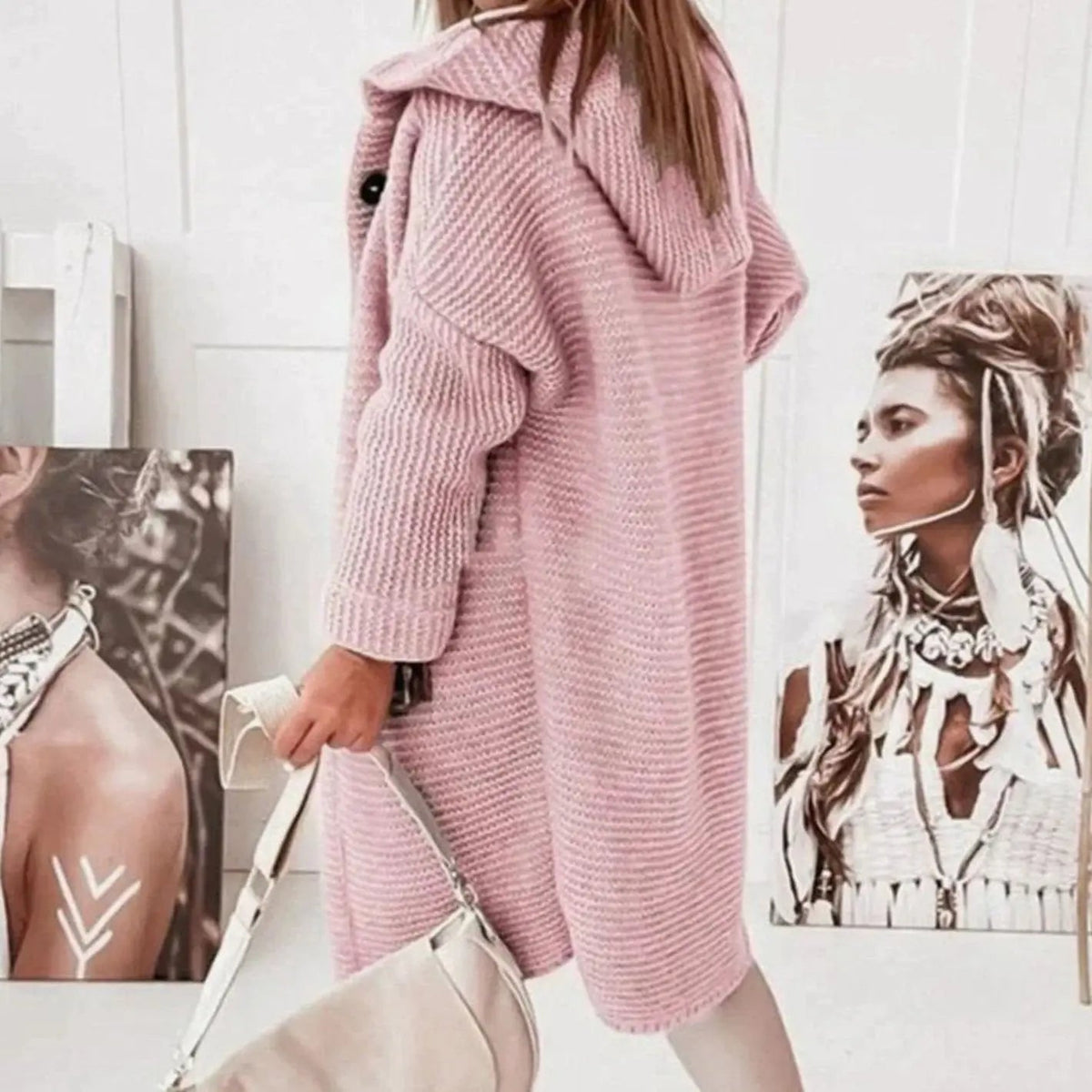 Women's Relaxed Longline Hooded Button-Up Knit Cardigan Jacket