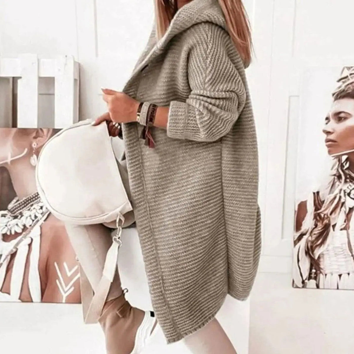 Women's Relaxed Longline Hooded Button-Up Knit Cardigan Jacket