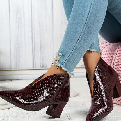 Women's Reptile-Textured V-Cut Pointed-Toe Block Heel Ankle Boots
