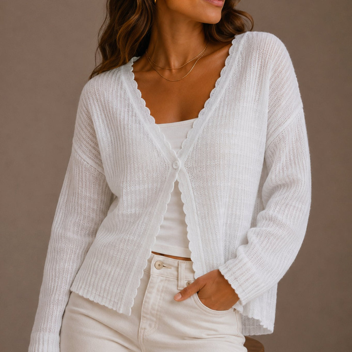 Women's Scallop-Trim V-Neck Single-Button Knit Cardigan