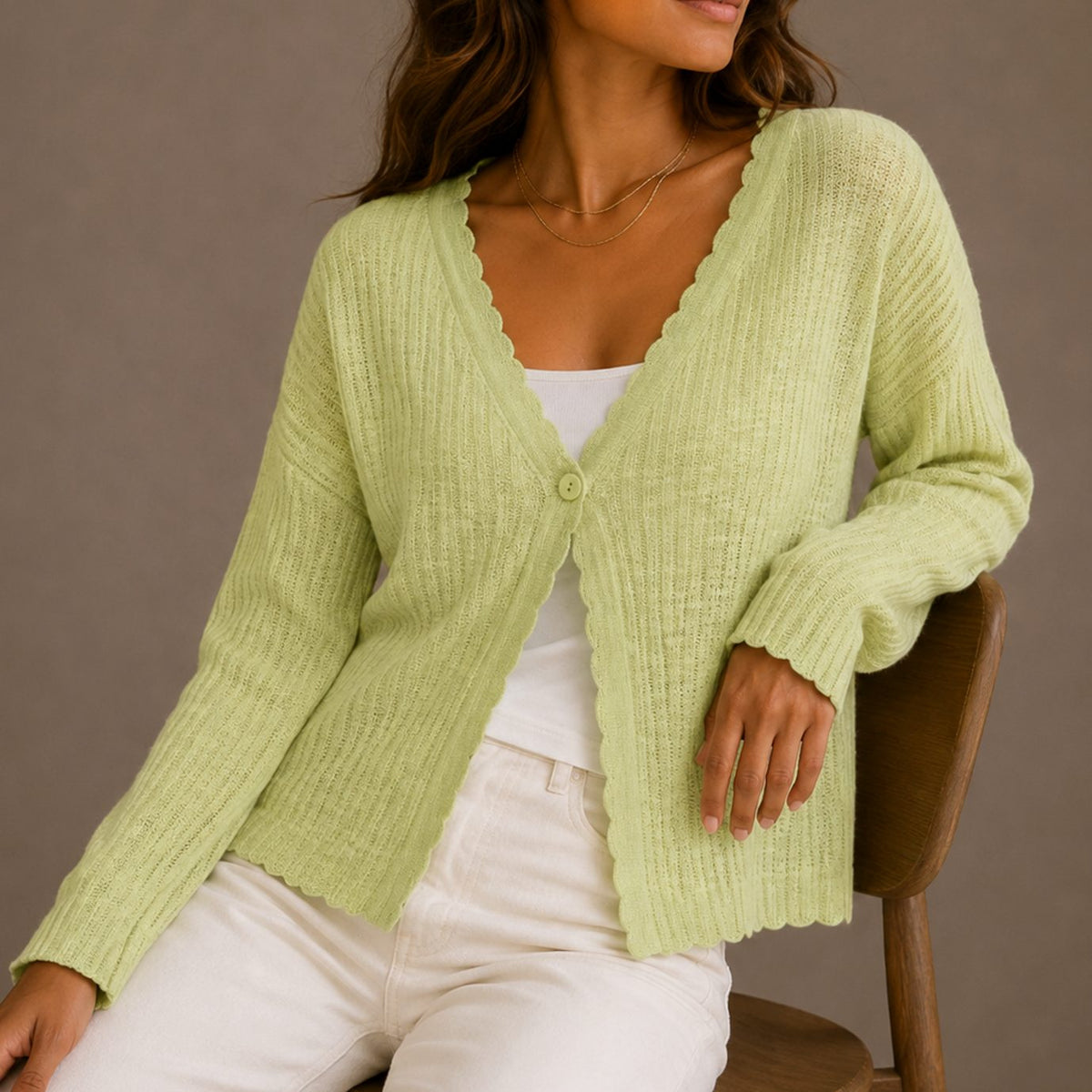 Women's Scallop-Trim V-Neck Single-Button Knit Cardigan