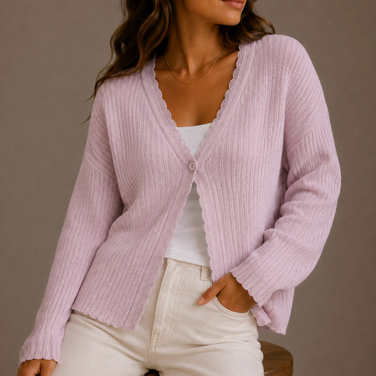 Women's Scallop-Trim V-Neck Single-Button Knit Cardigan