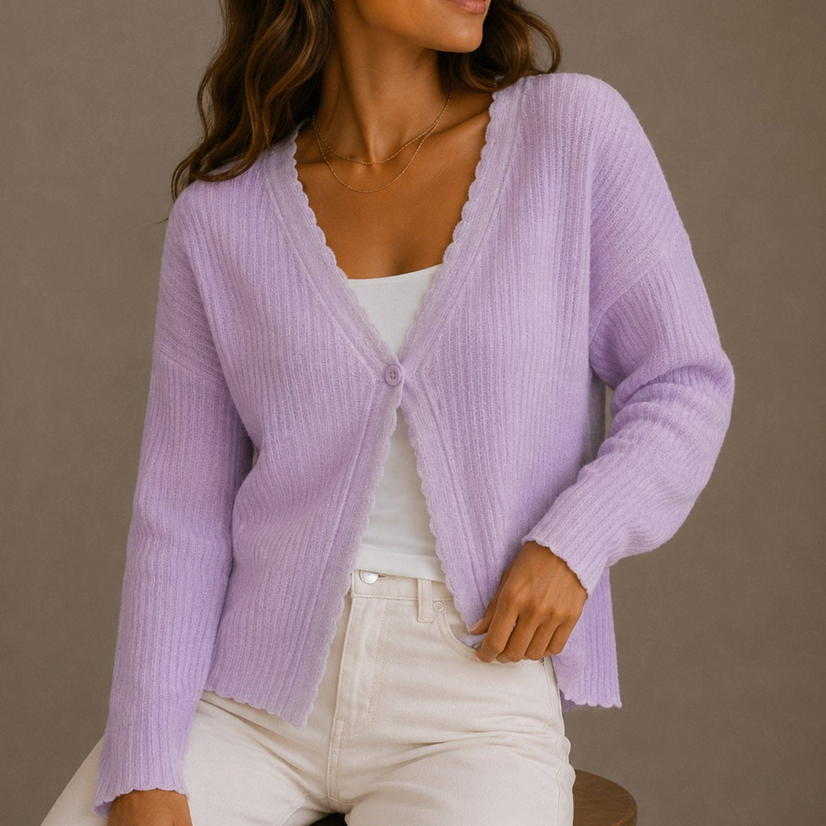 Women's Scallop-Trim V-Neck Single-Button Knit Cardigan