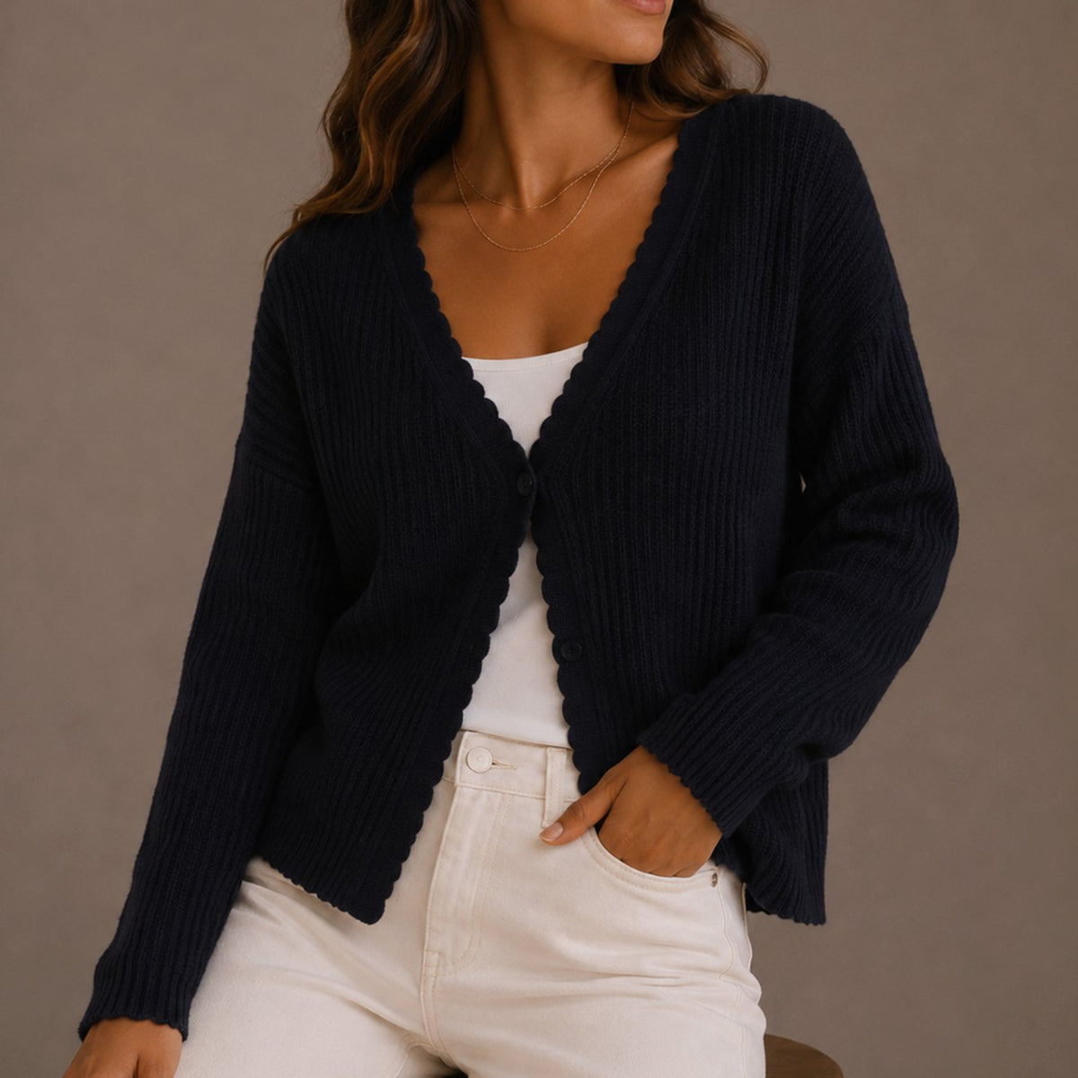 Women's Scallop-Trim V-Neck Single-Button Knit Cardigan