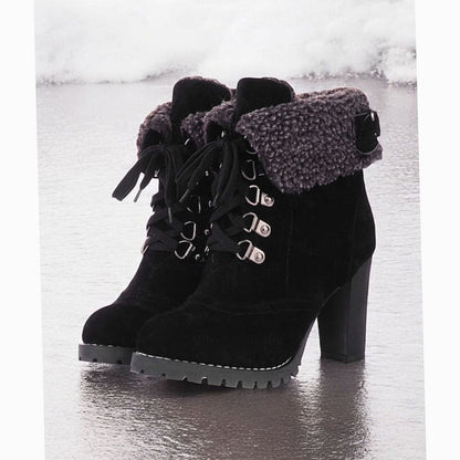 Women's Sherpa-Cuff Lace-Up Chunky Heel Winter Boots