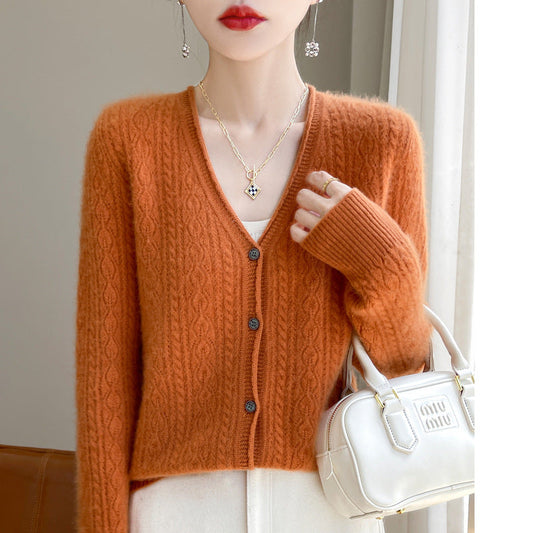 Women's Short Mohair-Look Cable-Knit V-Neck Cardigan with Ribbed Cuffs