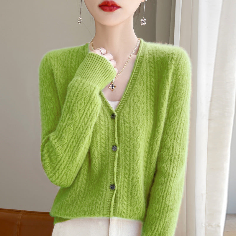 Women's Short Mohair-Look Cable-Knit V-Neck Cardigan with Ribbed Cuffs