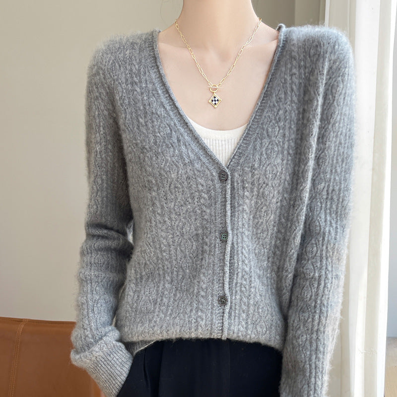 Women's Short Mohair-Look Cable-Knit V-Neck Cardigan with Ribbed Cuffs