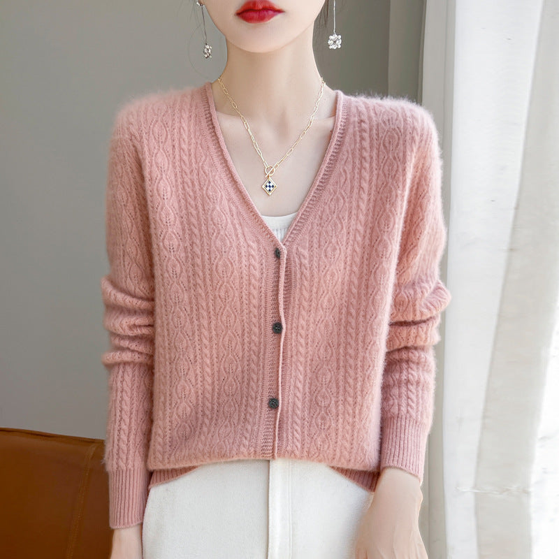 Women's Short Mohair-Look Cable-Knit V-Neck Cardigan with Ribbed Cuffs