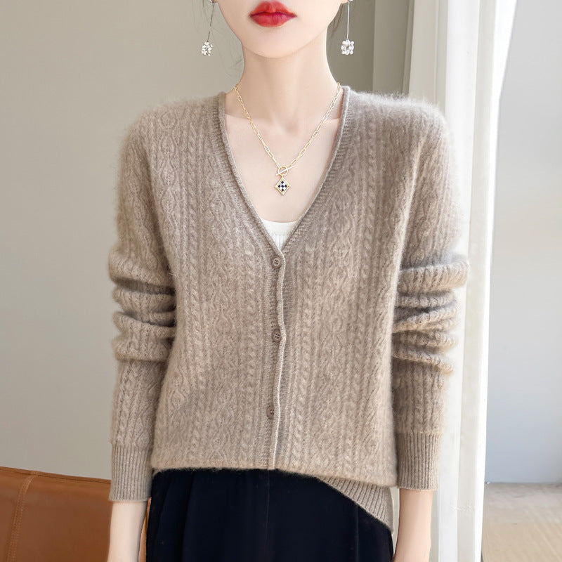 Women's Short Mohair-Look Cable-Knit V-Neck Cardigan with Ribbed Cuffs