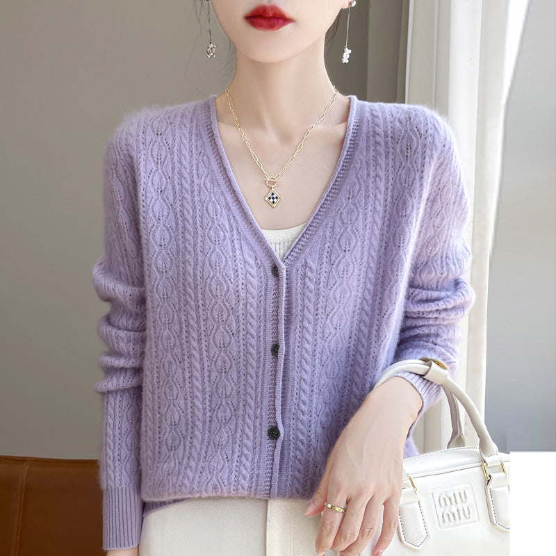 Women's Short Mohair-Look Cable-Knit V-Neck Cardigan with Ribbed Cuffs