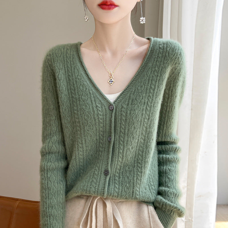 Women's Short Mohair-Look Cable-Knit V-Neck Cardigan with Ribbed Cuffs