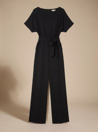 Women's Short-Sleeve Wide-Leg Jumpsuit with Tie Belt