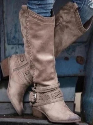 Women's Slip-On Round Toe Knee-High Buckle Strap Boots with Zipper