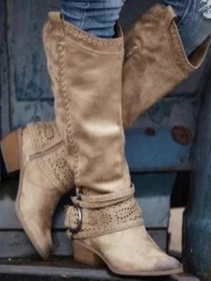 Women's Slip-On Round Toe Knee-High Buckle Strap Boots with Zipper