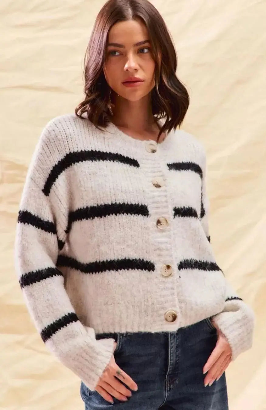 Women's Striped Button-Front Winter Knit Cardigan