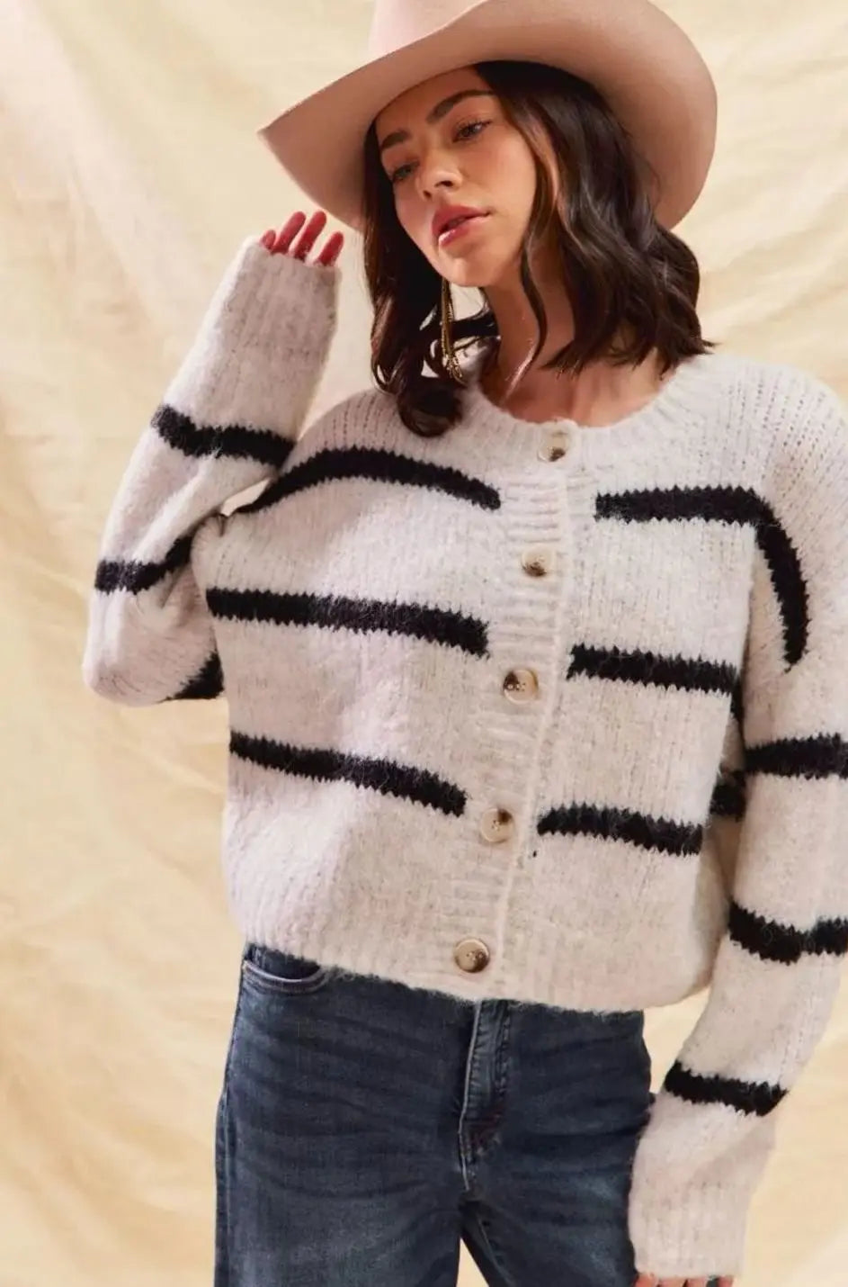 Women's Striped Button-Front Winter Knit Cardigan