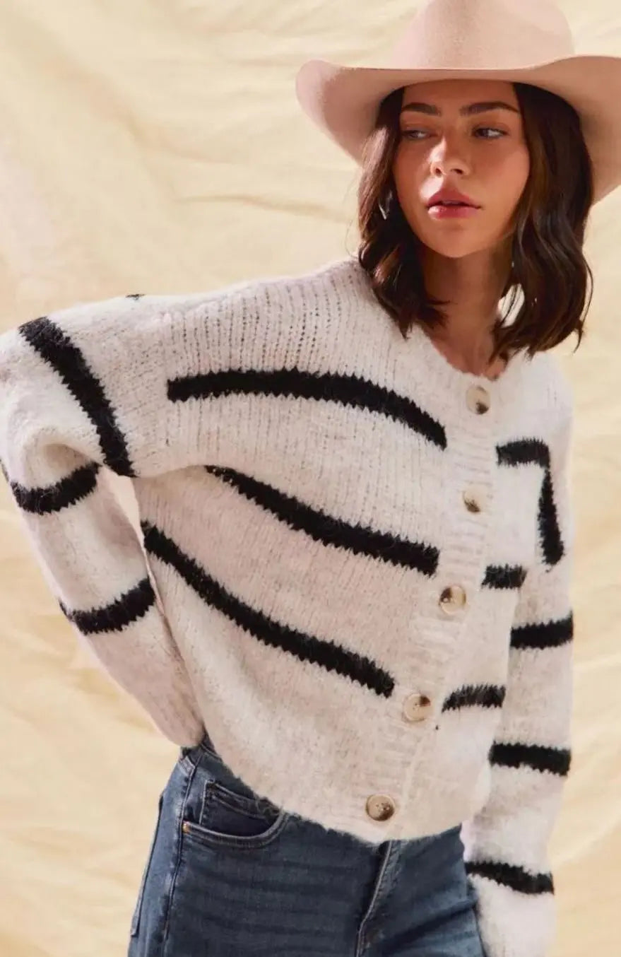 Women's Striped Button-Front Winter Knit Cardigan