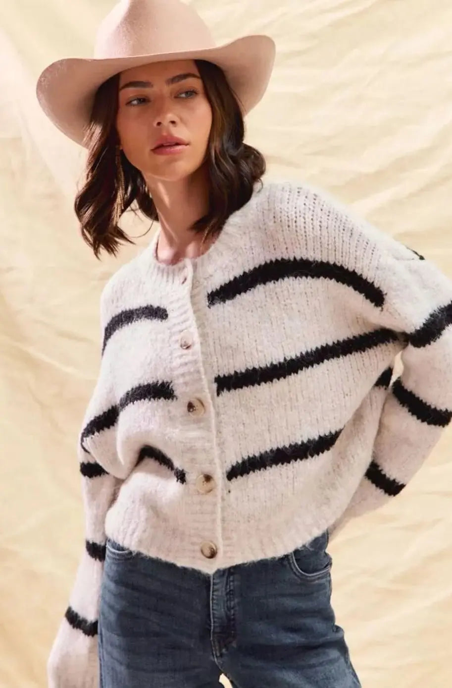Women's Striped Button-Front Winter Knit Cardigan