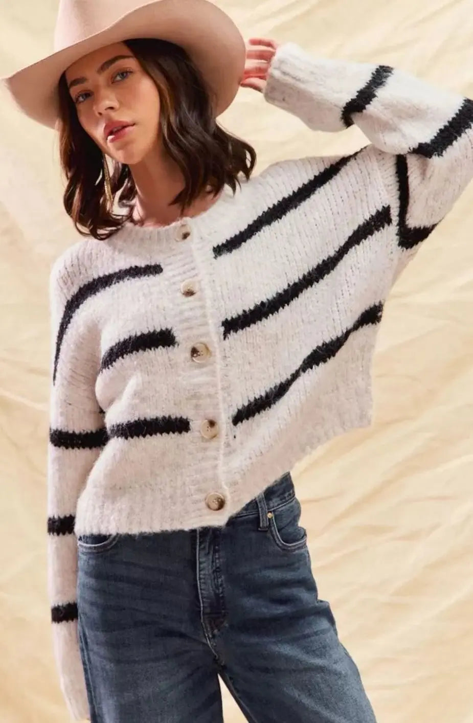 Women's Striped Button-Front Winter Knit Cardigan