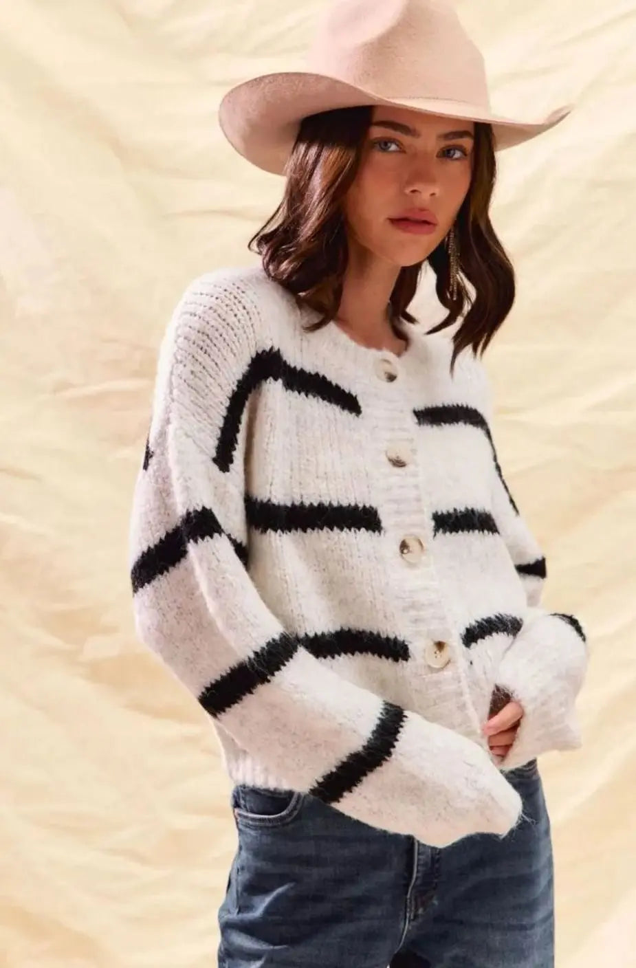 Women's Striped Button-Front Winter Knit Cardigan
