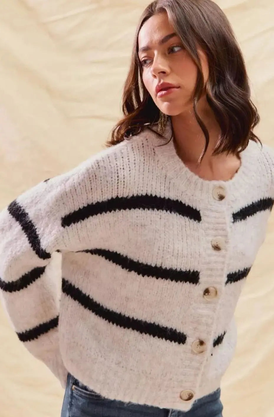 Women's Striped Button-Front Winter Knit Cardigan