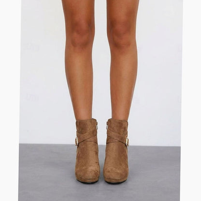 Women's Suede Buckle-Strap Block Heel Ankle Boots