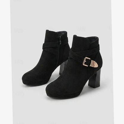 Women's Suede Buckle-Strap Block Heel Ankle Boots