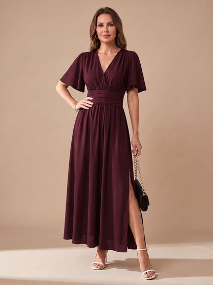 Women's V-Neck Flutter-Sleeve High-Waist Maxi Dress with Side Slit
