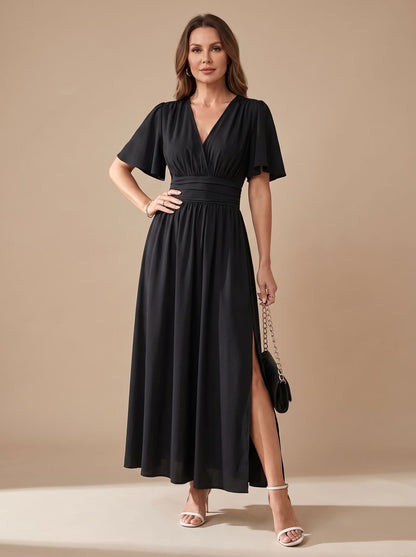 Women's V-Neck Flutter-Sleeve High-Waist Maxi Dress with Side Slit