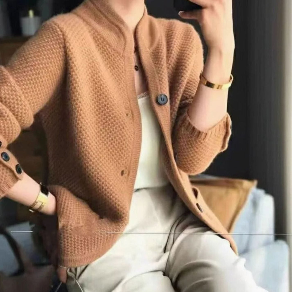 Women's V-Neck Open-Pocket Knit Button Cardigan Sweater