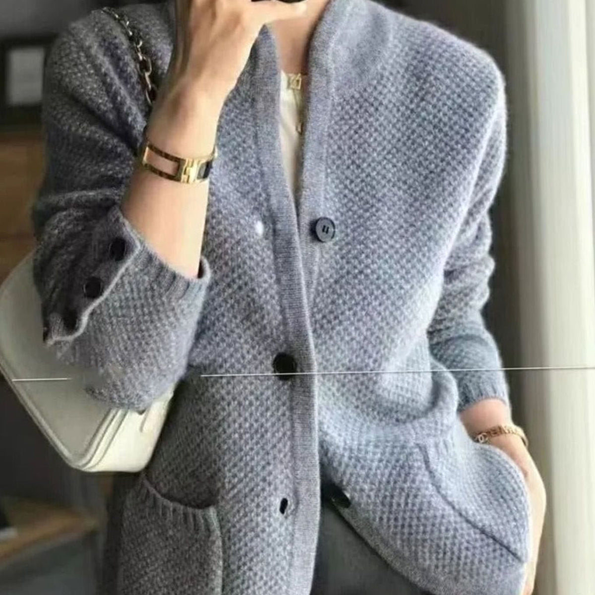 Women's V-Neck Open-Pocket Knit Button Cardigan Sweater