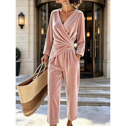 Women's Velvet Jumpsuit with Wrap Top, Draped Tailoring, and Ankle-Length Wide Leg