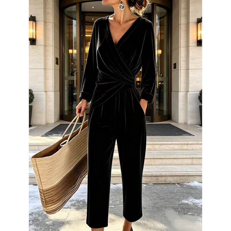 Women's Velvet Jumpsuit with Wrap Top, Draped Tailoring, and Ankle-Length Wide Leg