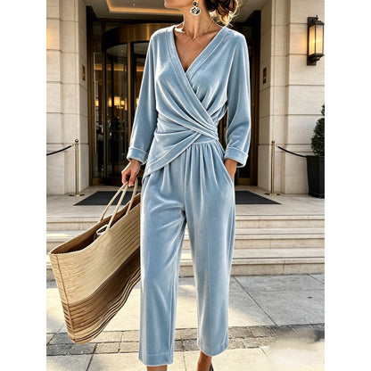 Women's Velvet Jumpsuit with Wrap Top, Draped Tailoring, and Ankle-Length Wide Leg