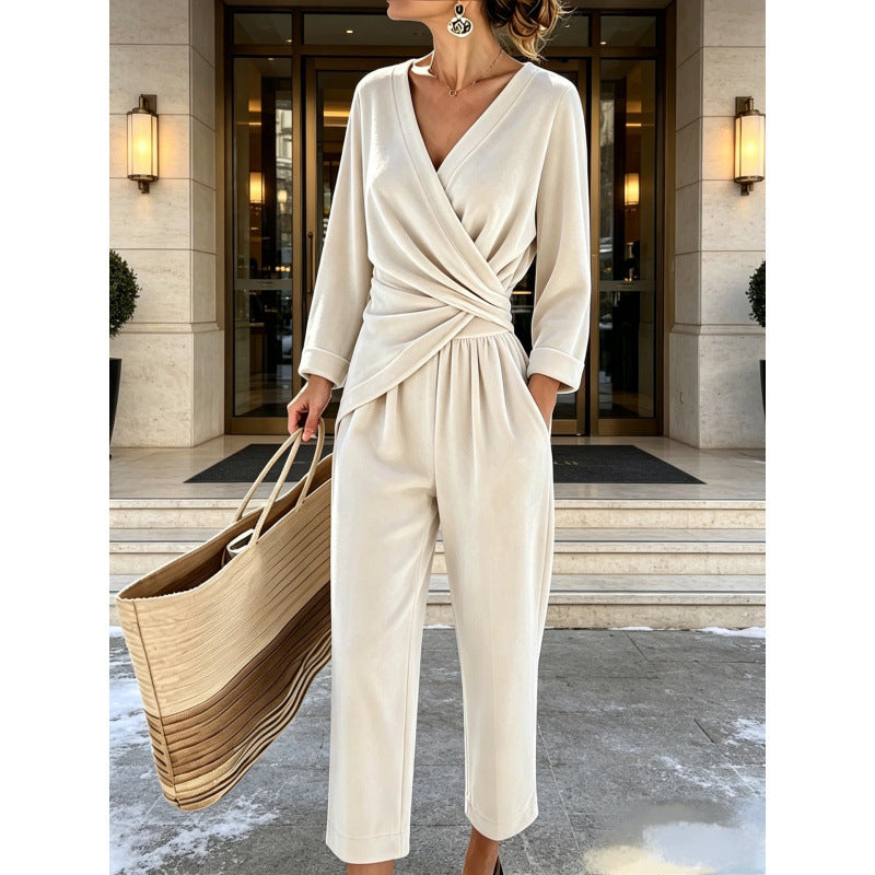 Women's Velvet Jumpsuit with Wrap Top, Draped Tailoring, and Ankle-Length Wide Leg