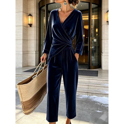 Women's Velvet Jumpsuit with Wrap Top, Draped Tailoring, and Ankle-Length Wide Leg