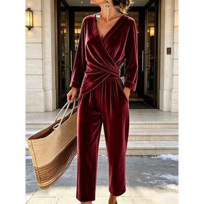 Women's Velvet Jumpsuit with Wrap Top, Draped Tailoring, and Ankle-Length Wide Leg
