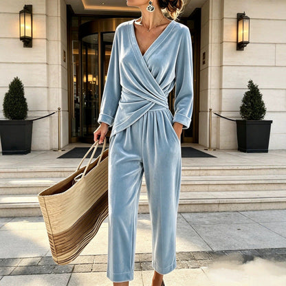 Women's Velvet Jumpsuit with Wrap Top, Draped Tailoring, and Ankle-Length Wide Leg