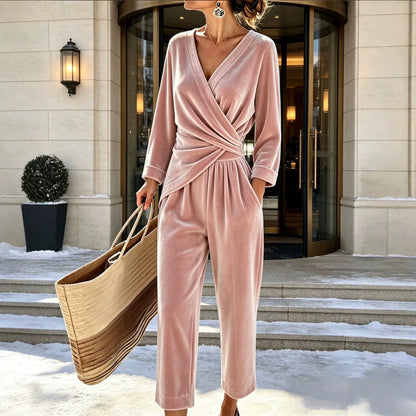 Women's Velvet Jumpsuit with Wrap Top, Draped Tailoring, and Ankle-Length Wide Leg