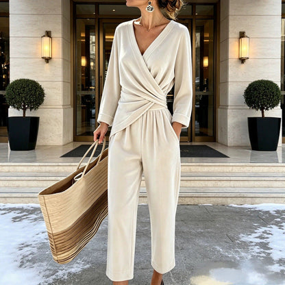 Women's Velvet Jumpsuit with Wrap Top, Draped Tailoring, and Ankle-Length Wide Leg