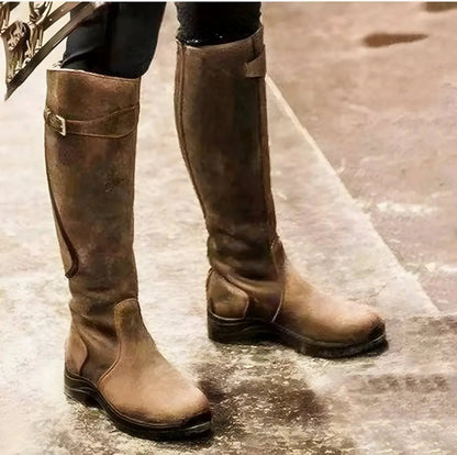 Women's Waterproof Leather Knee-High Boots with Buckle Detail