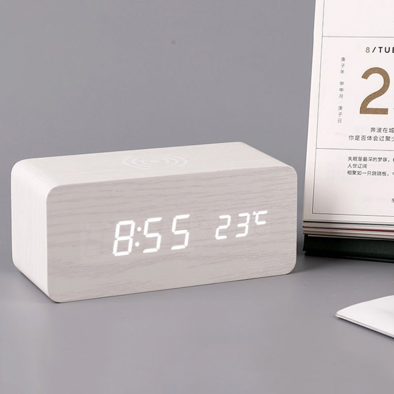 Smart Wooden Alarm Clock with Fast Wireless Charging