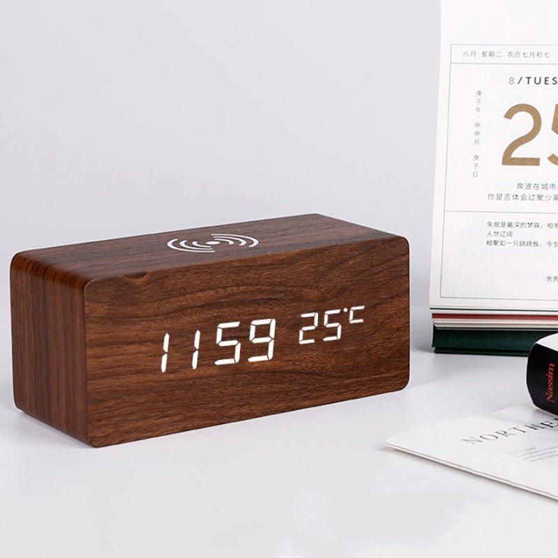 Smart Wooden Alarm Clock with Fast Wireless Charging