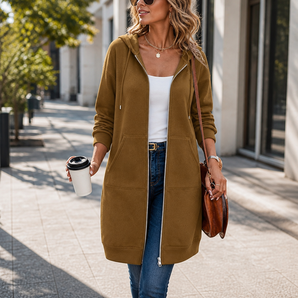 Zip-Front Hooded Mid-Length Knit Cardigan